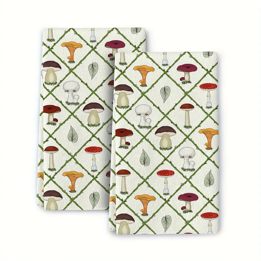 2 stuks, handdoeken, vaatdoek met paddenstoel, dahlia, mandarablad en kardinaalprint
