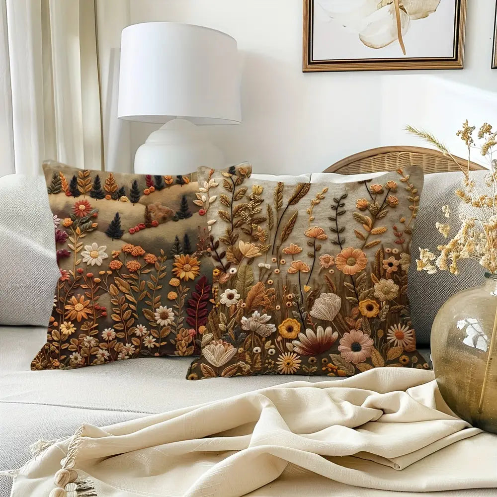 Lot de 2 housses de coussin style bohème chic, motif floral et feuilles, motif automne