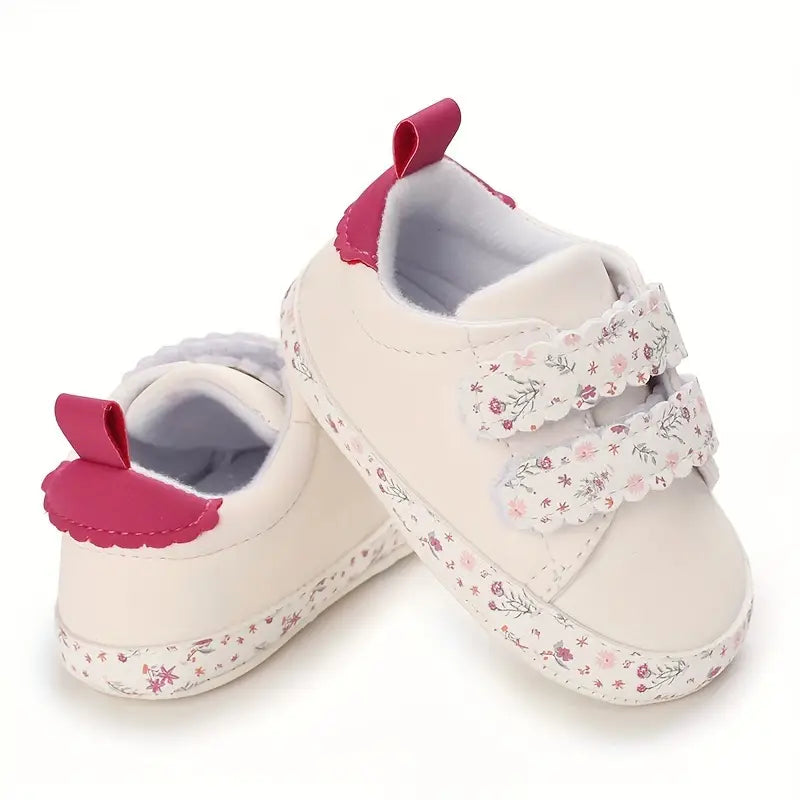 Floral Low-Top Sneakers for Girls | PU Upper, Flat Sole, Adjustable Strap for Toddlers