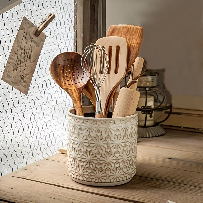 Rustic Ceramic Utensil Holder - Embossed Spoon Tool Storage Vase