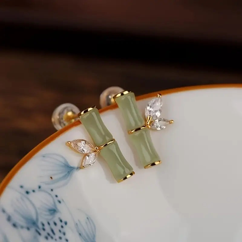 Bamboo Earrings Zircon Studs - Modern Eastern Style