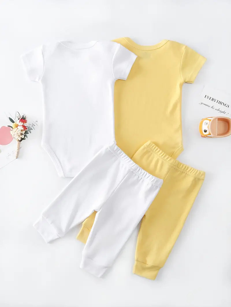 Ensemble 4 pièces pour bébé garçon | Barboteuse à manches courtes et pantalon en coton – Lavable en machine