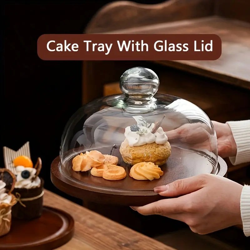 Wooden Round Dessert Plate with Glass Dome Cover - Natural Wood Serving Tray for Cakes