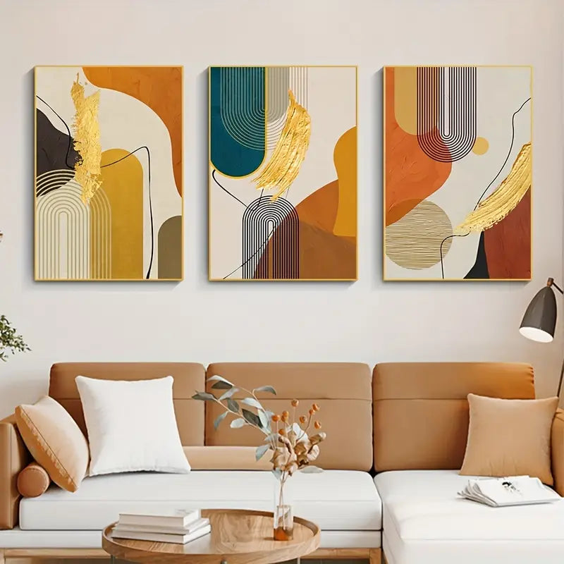 3 stuks luxe abstract canvas schilderij - Nordic gouden posterprint voor thuis en kantoor