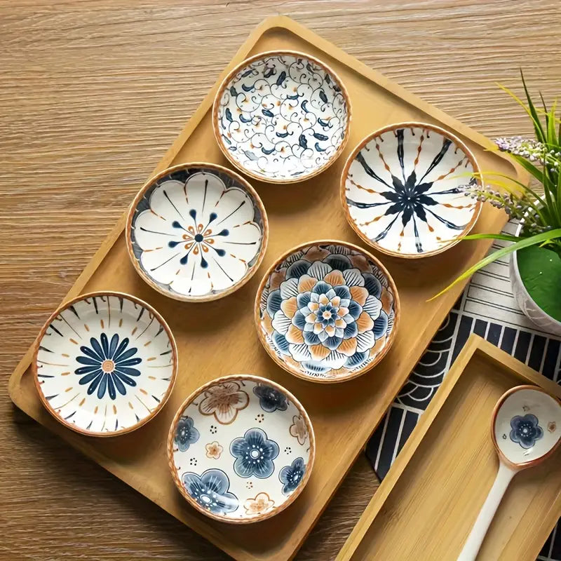 6PC Bohemian Ceramic Dipping Dishes – Round Decorative Sauce Plates