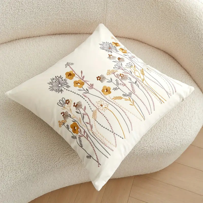 Embroidered Floral Pillow Cover - Woven Polyester Home Decor