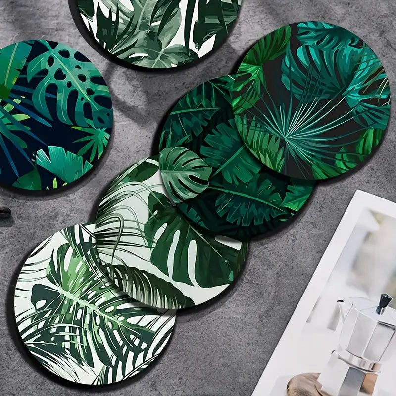 6-Piece Tropical Leaf Design Wooden Coasters Set