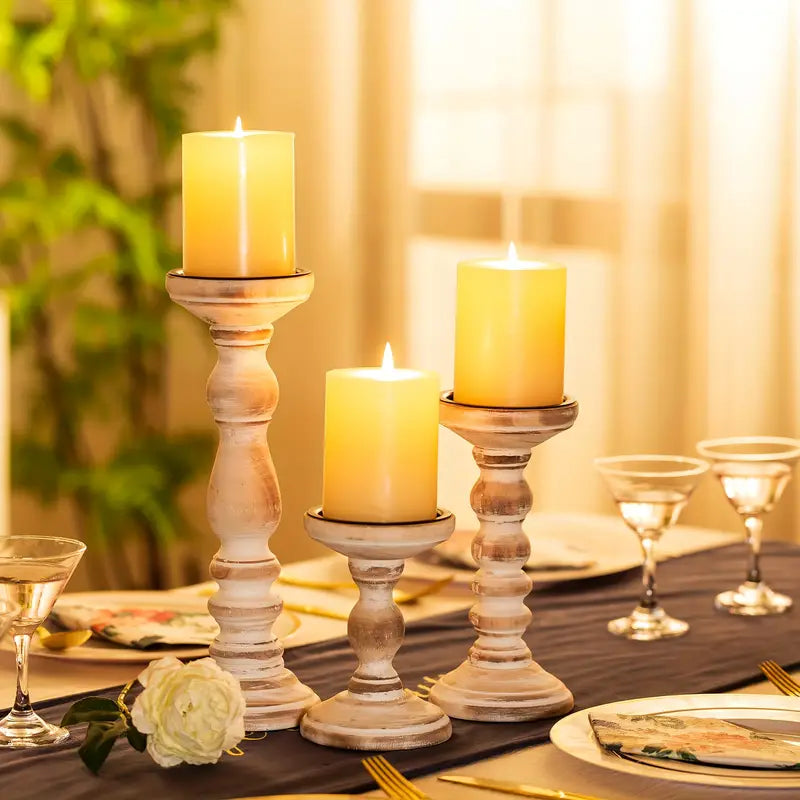 Rustic Wooden Candle Holders - Farmhouse Pillar Candle Stand Set