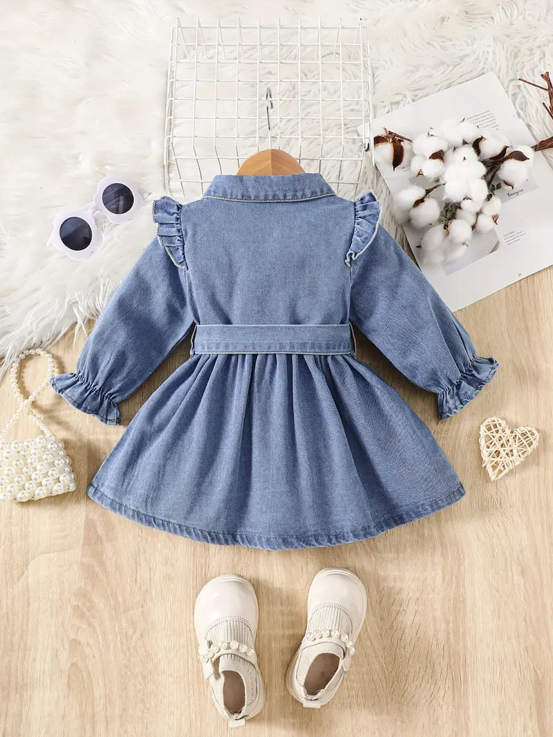 Robe à volants pour bébé fille | Tenue unie à manches longues et ceinture nouée