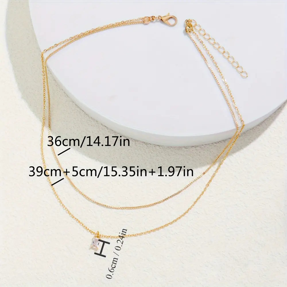 Elegant Square Zirconia Pendant Double Layer Necklace