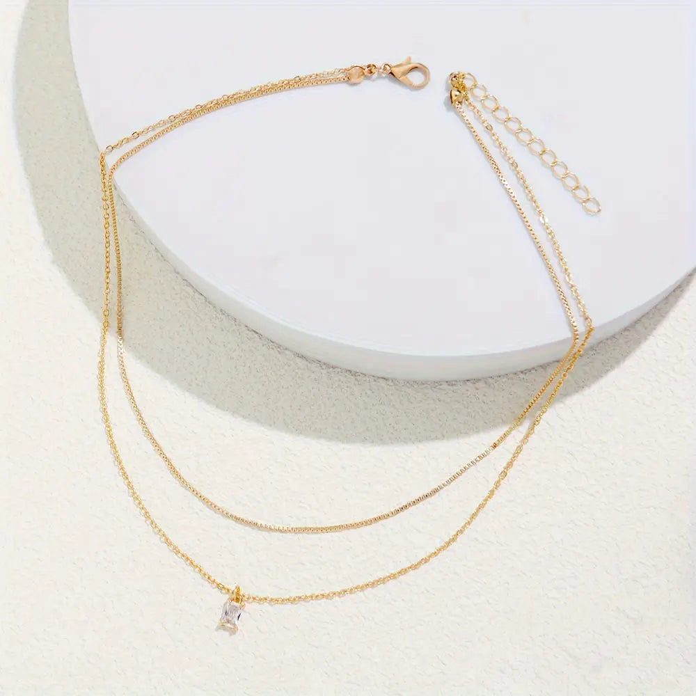 Elegant Square Zirconia Pendant Double Layer Necklace