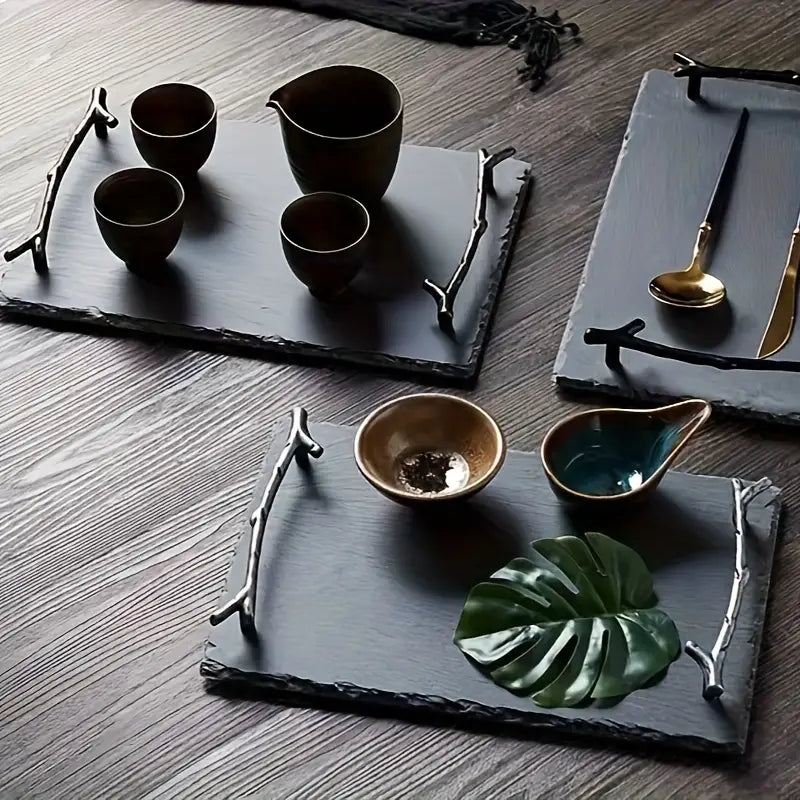 Stone Tray with Geometric Pattern – Brushed Decorative Plate for Gifting