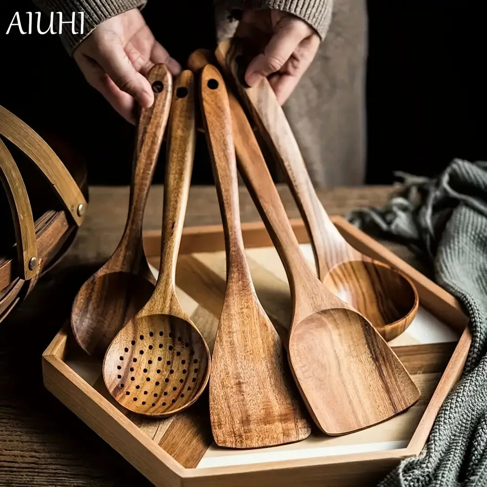 5pcs Premium Wooden Kitchen Utensils Set - High-Quality, Durable Wood Spoons