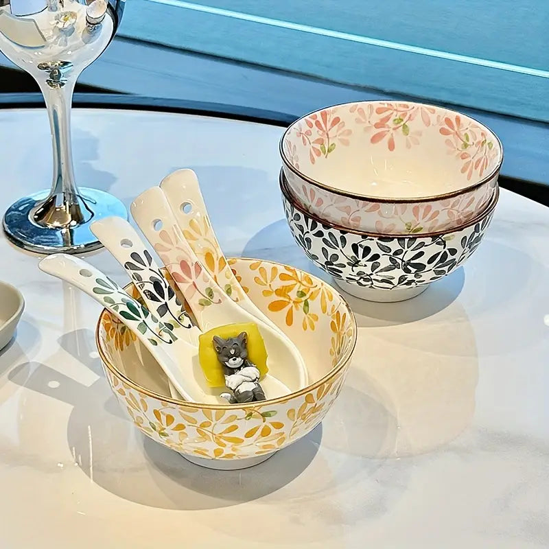 4PCS Floral Ceramic Bowls – Versatile for Soup, Dessert, Fruits, Appetizers