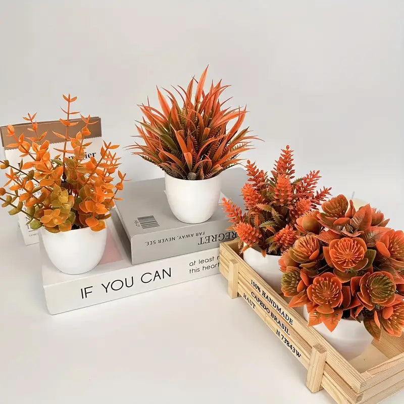 Mini Artificial Plants Set - Fall Decor White Pots