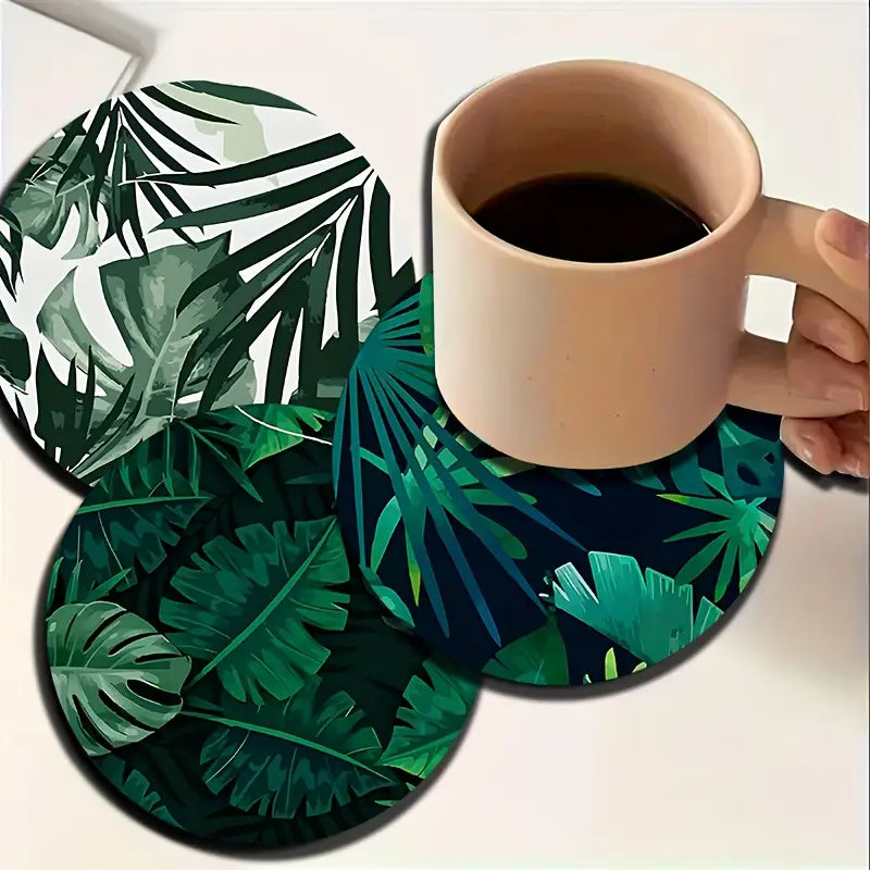 6-Piece Tropical Leaf Design Wooden Coasters Set