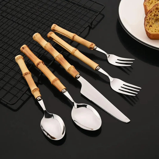 Ensemble de couverts en acier inoxydable 4/5/7 pièces avec manche en bambou