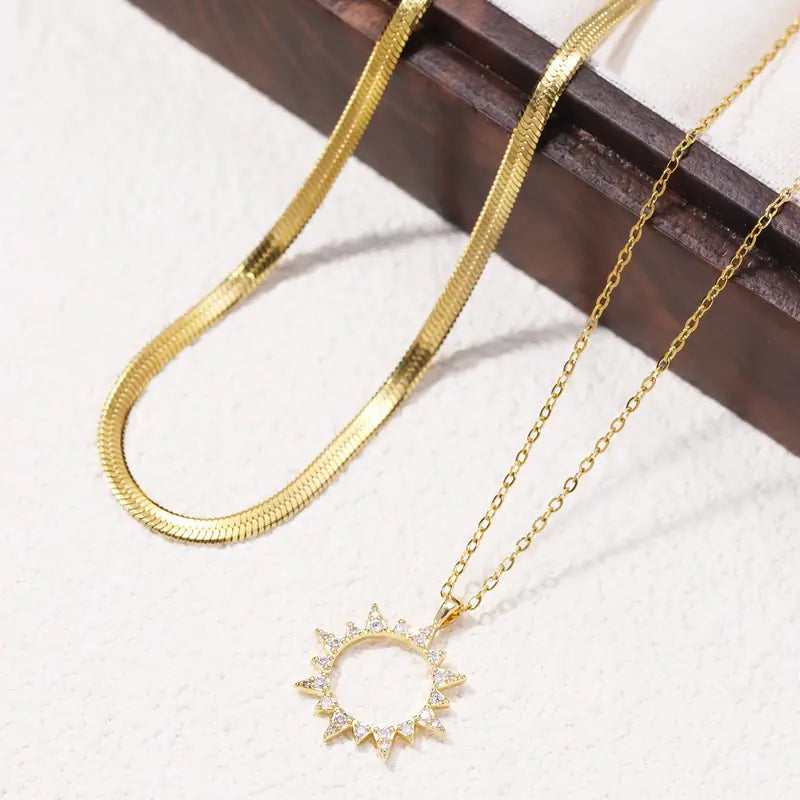 Zircon Sun Pendant Necklace - Stainless Steel Snake Chain Jewelry