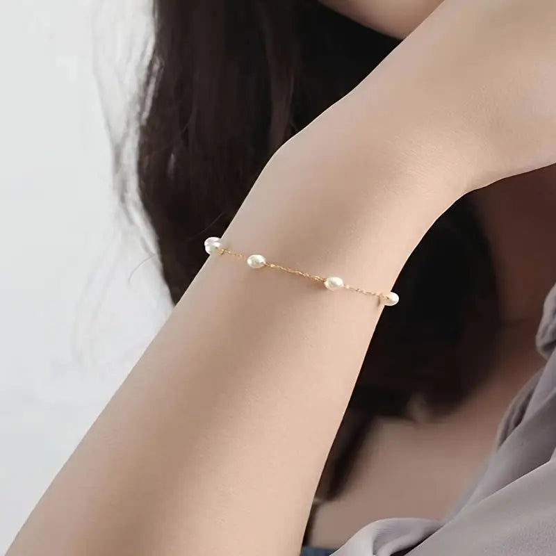 1pc Elegant Faux Pearl Beads Thin Chain Bracelet, Vintage Bohemian Style