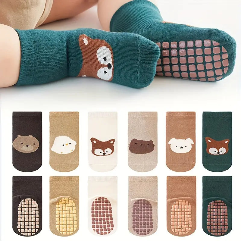 6 Pairs Non-Slip Toddler Floor Socks | Cute Cotton Anti-Skid Socks for Boys & Girls