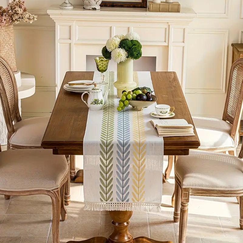 Floral Embroidered Table Runner - White Polyester with Tassels