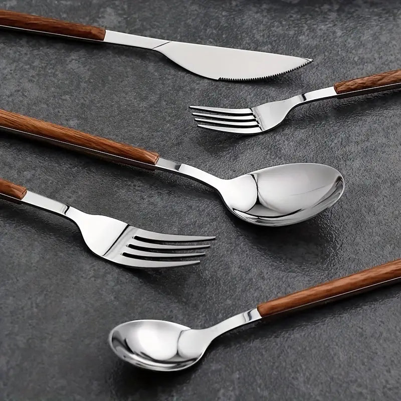40PC Silverware Set – Faux Wood Handles, 8 Sets – Durable & Dishwasher Safe