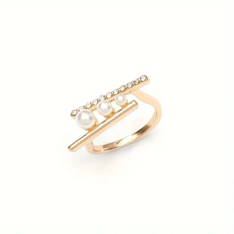 Bague ouverte réglable au design irrégulier, avec perles d'imitation et strass