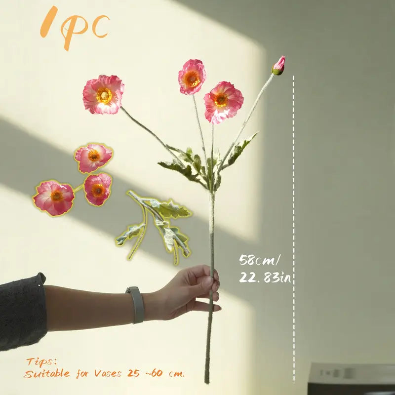 Fleur de pavot rose artificielle avec bourgeons – Tige florale en soie pour bricolage, décoration de maison et de mariage