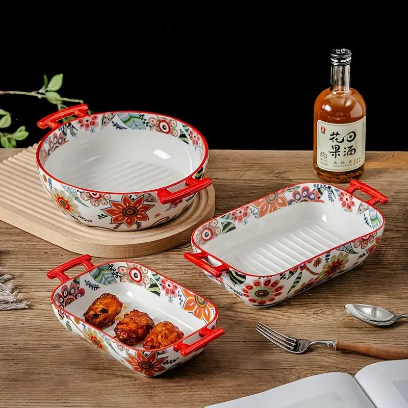 Flower Ceramic Baking Set – Cake Pan, Muffin Cups, Pizza Plates for Holidays