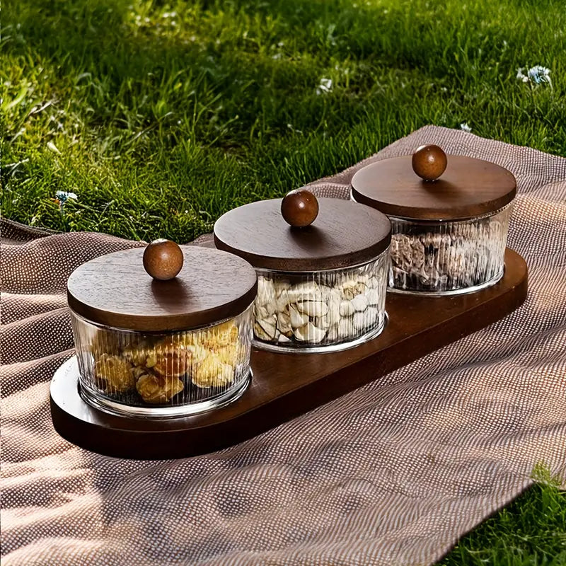 3/4/5/7PC Glass Snack Jar Sets – Wood Lids & Trays – Kitchen & Living Use