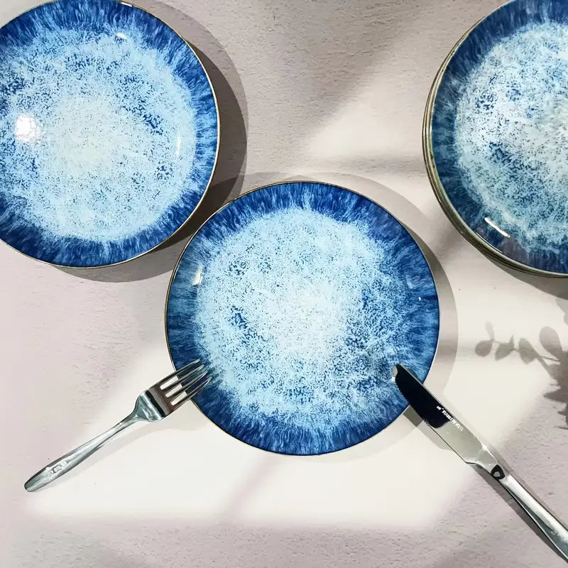 4PC Ocean Blue Ceramic Salad Plates – Gift-Boxed – Oven & Microwave Safe