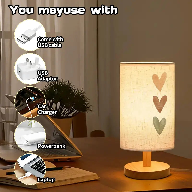 Heart Print Bedside Lamp - LED, USB Powered, Fabric Shade