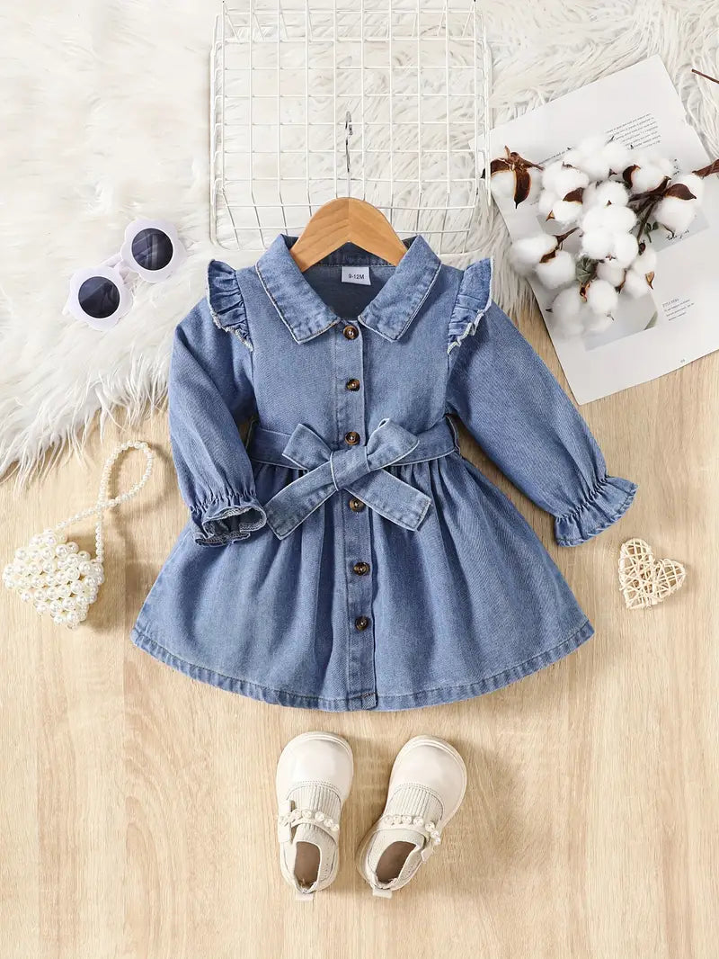 Robe à volants pour bébé fille | Tenue unie à manches longues et ceinture nouée