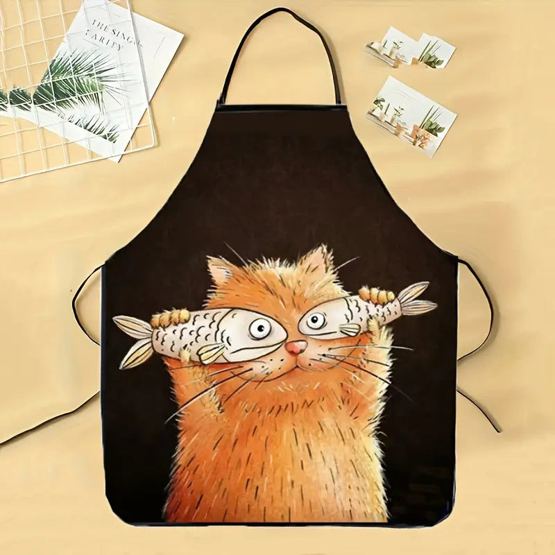 1pc WhimsyCat Cartoon Cat with Fish Design Apron