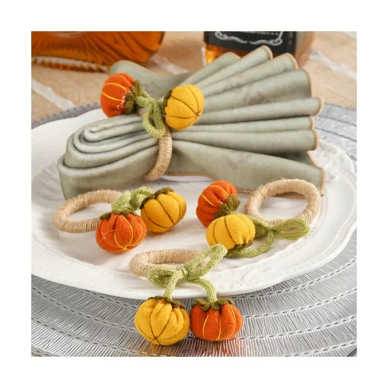 Pumpkin Napkin Rings 6-Pack - Wooden Floral Thanksgiving Dinner Decor