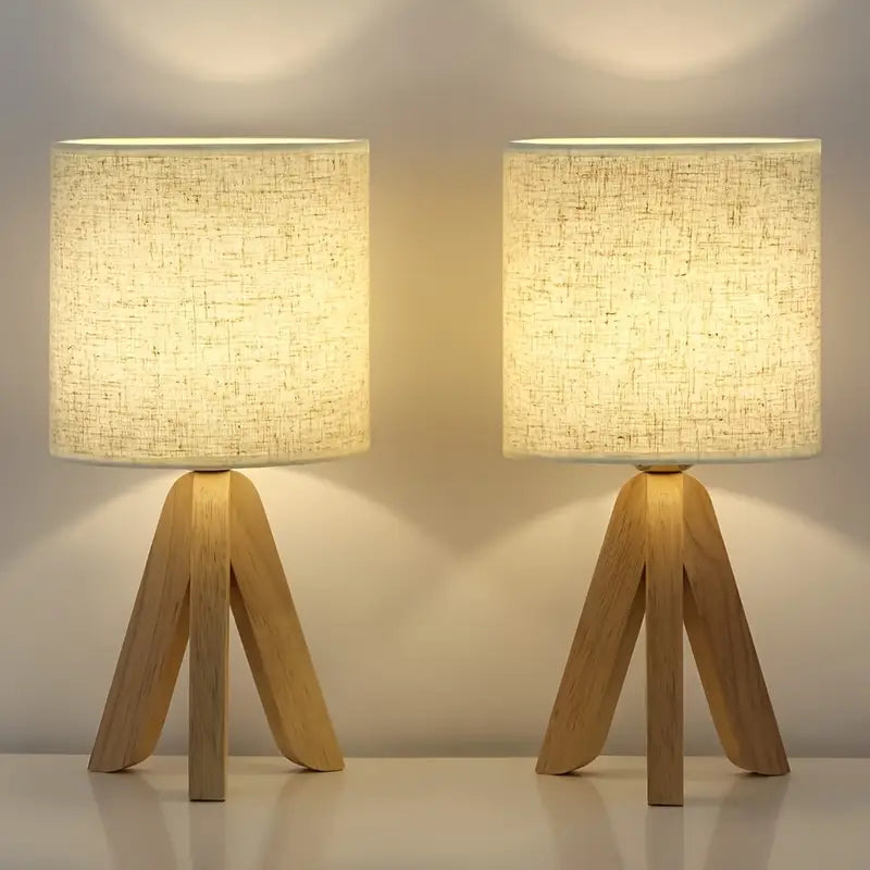 Wooden Tripod Table Lamp Linen Shade Desk Lamp