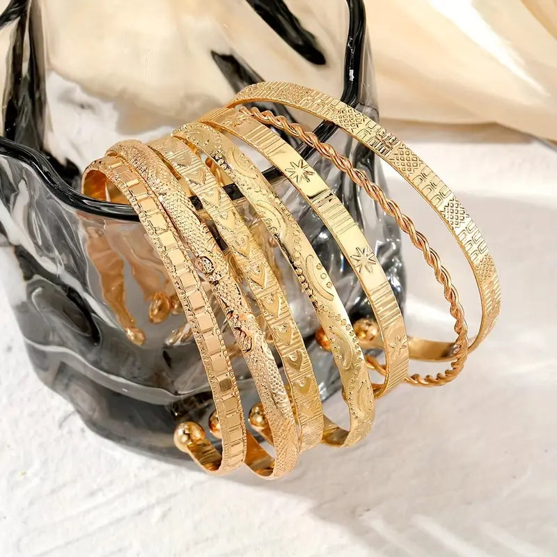 7pcs Vintage Open Cuff Bracelet Set – Geometric & Arrow Pattern Adjustable Bangles