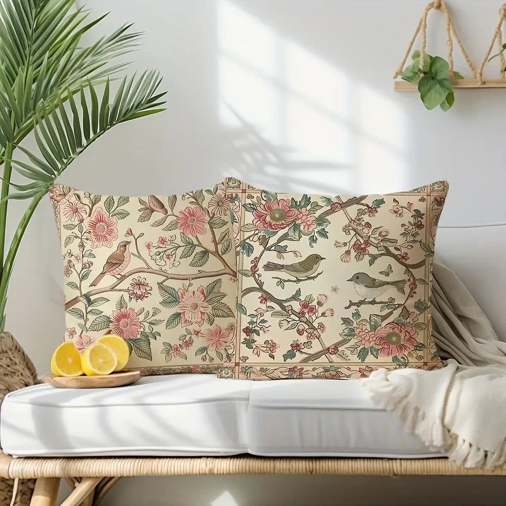 Lot de 2 housses de coussin décoratives à motifs de fleurs et d'oiseaux, 45,72 x 45,72 cm