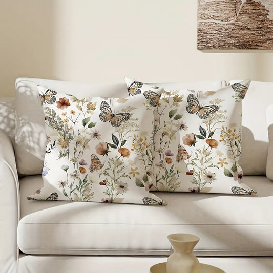 Lot de 2 housses de coussin décoratives en velours, motif floral et papillon, blanc, 45,72 x 45,72 cm