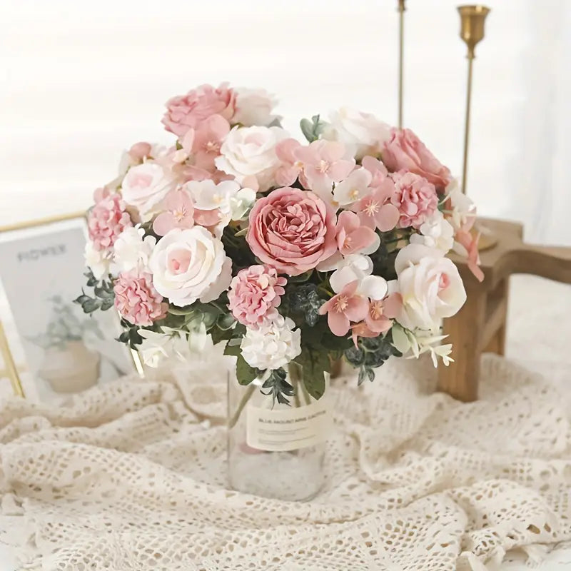 Bouquet de fleurs artificielles en soie de 76 cm – 7 roses et pivoines pour Noël, Thanksgiving et plus encore