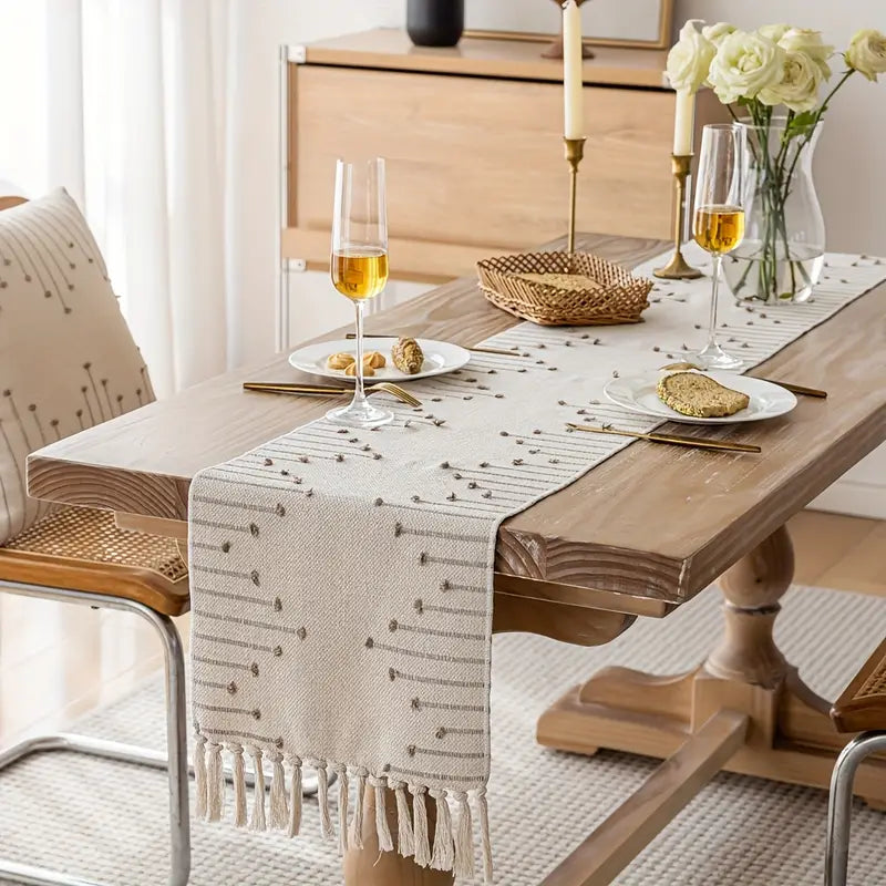 Boho Music Note Table Runner – Jacquard Fringe Linen for Dining or TV Cabinets