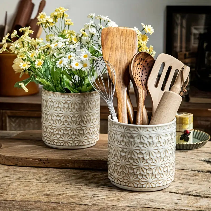 Rustic Ceramic Utensil Holder - Embossed Spoon Tool Storage Vase