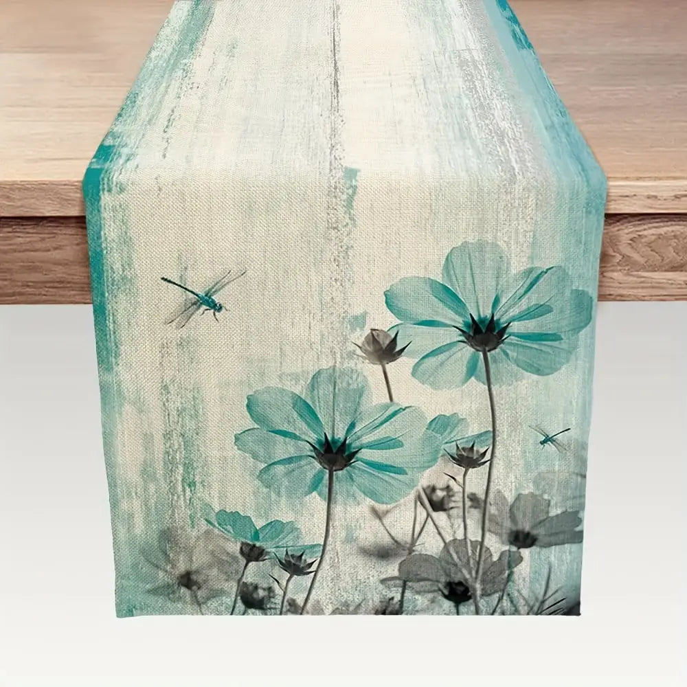 1pc Teal Flowers And Dragonfly Pattern Table Runner