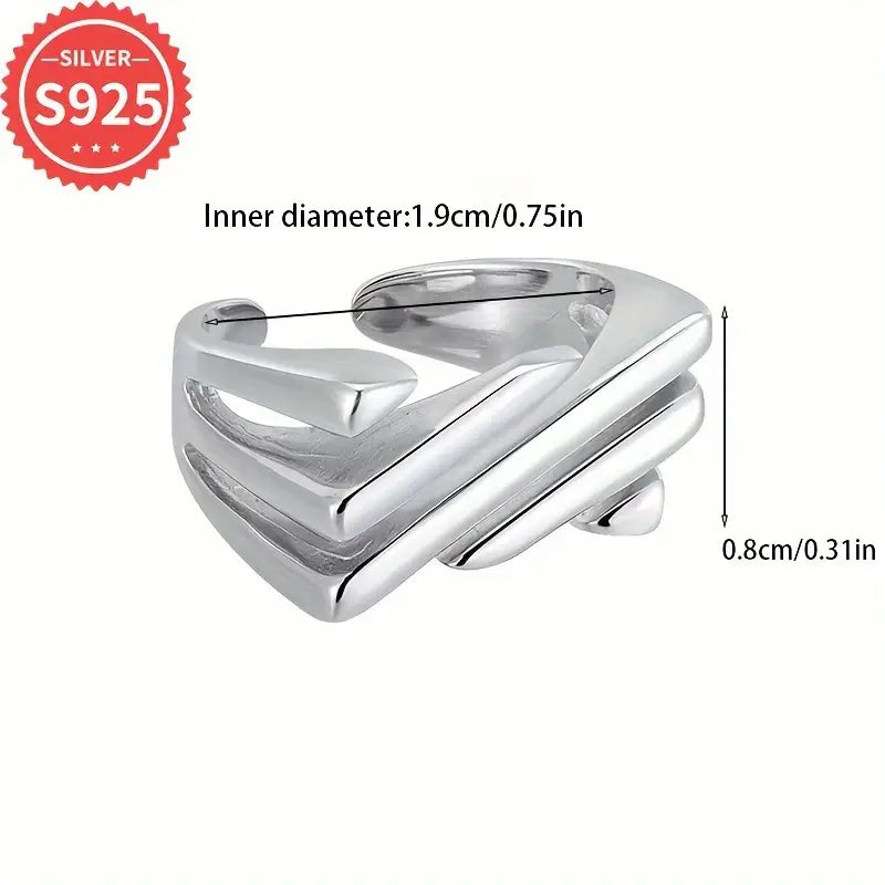 925 Silver Ring Geometric Hollow Stripe Band Fashion Jewelry