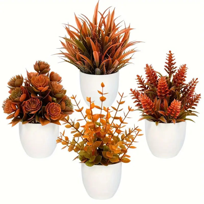 Mini Artificial Plants Set - Fall Decor White Pots