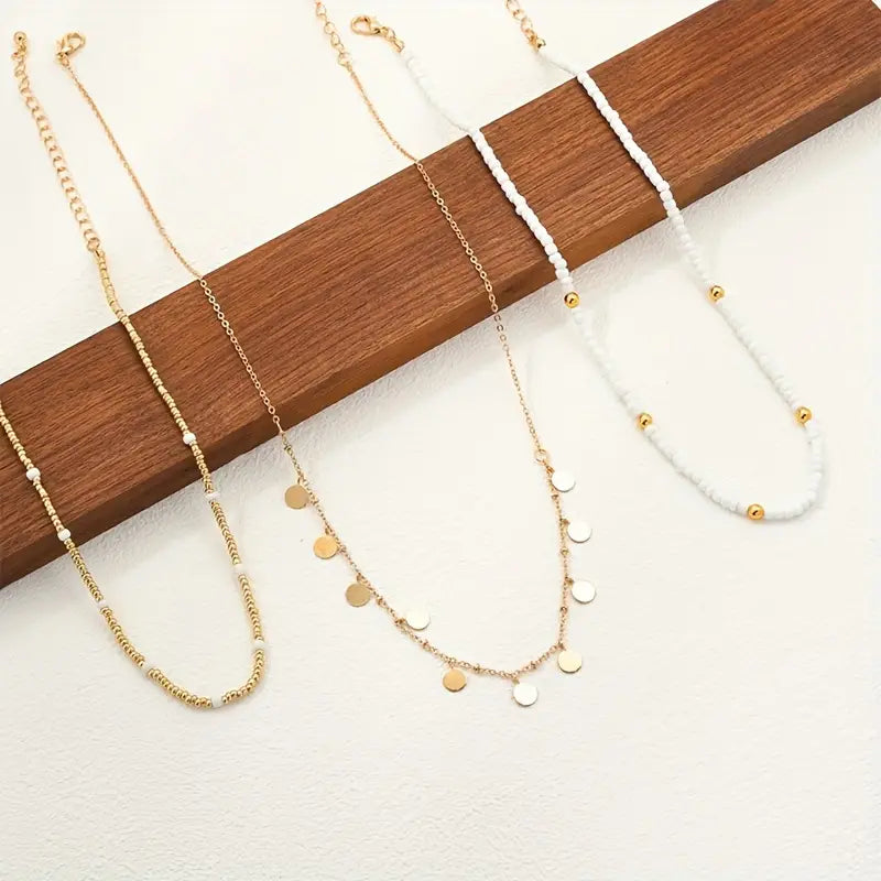 3pcs set Stone Beaded Necklaces Round Piece Charm Necklace