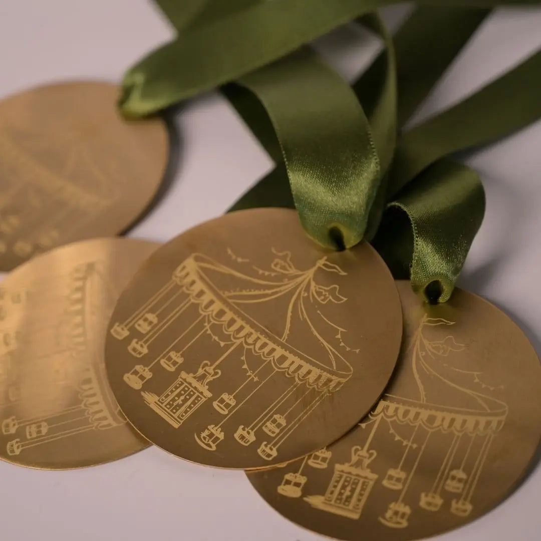 Brass Carousel Hanging Ornament – Laser-Etched Decor with Linen Yellow or Satin Green Ribbon | Luxury Christmas & Home Decor