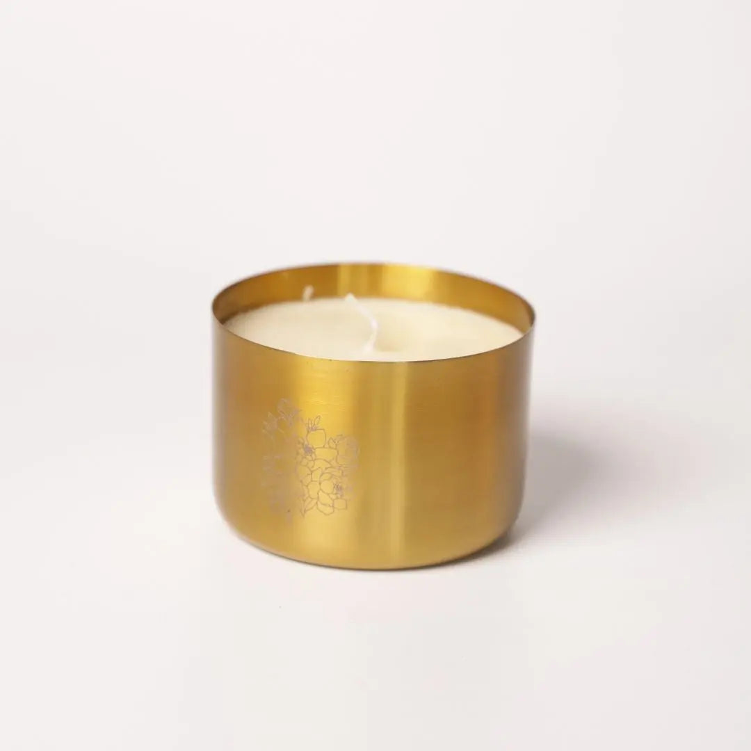 Brass Finish Laser Etched Candle With Peony - Soy Wax, Tuberose
