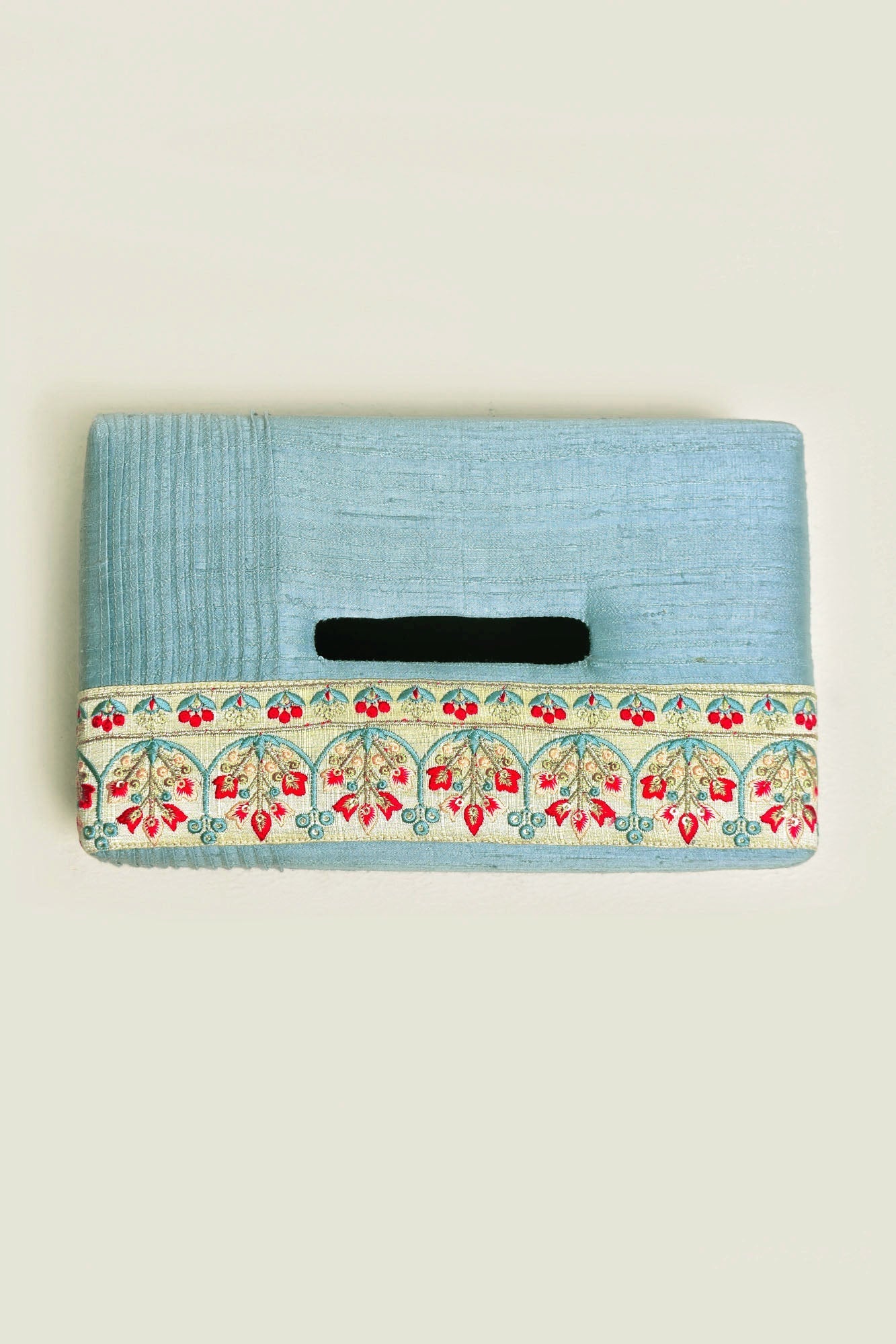 Dupion Silk Tissue Box - Floral Embroidery, Pleated