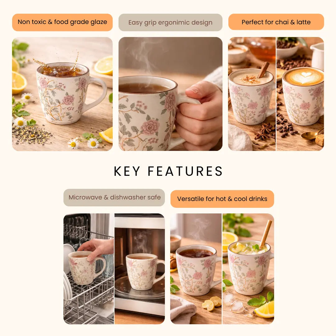 Stoneware Botanical Mug - Pink Motif, Set